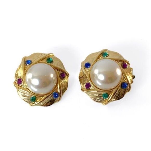 Vintage Weiss Gold Pearl Rhinestone Clip Earrings - Picture 1 of 5
